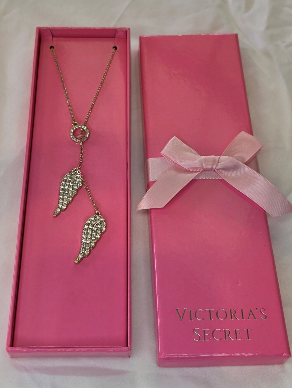 Victoria's Secret Gold Crystal Angel Wing Lariat Necklace with Clear Stones